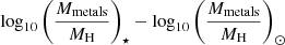 $ \log_{10} \left( \frac{M_{\mathrm{metals}}}{M_{\mathrm{H}}} \right)_{\star} - \log_{10} \left( \frac{M_{\mathrm{metals}}}{M_{\mathrm{H}}} \right)_{\odot} $