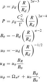 $$ \begin{aligned} \begin{aligned} \rho&= \rho _d \left(\frac{R}{R_d} \right)^{2\alpha -3} \\ P&= \rho _d \frac{C_{s_d}^2}{\Gamma } \left(\frac{R}{R_d} \right)^{2\alpha -4} \\ B_\theta&= -B_d \left(\frac{R}{R_d} \right)^{\alpha -2} \\ u_\theta&= -u_d \left(\frac{R}{R_d} \right)^{-1/2} \\ u_R&= u_\theta \frac{B_R}{B_\theta } \\ u_\phi&= \Omega _* r\, +\, u_\theta \frac{B_\phi }{B_\theta }, \end{aligned} \end{aligned} $$