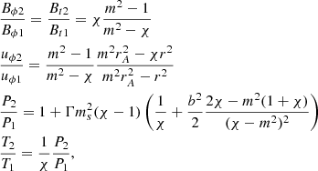 $$ \begin{aligned}&\frac{B_{\phi 2}}{B_{\phi 1} } = \frac{B_{t 2}}{B_{t 1} } = \chi \frac{m^2 - 1}{m^2 - \chi } \nonumber \\&\frac{u_{\phi 2}}{u_{\phi 1} } = \frac{m^2-1}{m^2-\chi } \frac{m^2 r_A^2 - \chi r^2}{m^2 r_A^2 - r^2} \\&\frac{P_2}{P_1} = 1 + \Gamma m^2_s (\chi -1) \left( \frac{1}{\chi } + \frac{b^2}{2} \frac{ 2\chi - m^2(1+\chi ) }{ (\chi -m^2)^2} \right) \nonumber \\&\frac{T_2}{T_1} = \frac{1}{\chi } \frac{P_2}{P_1}, \nonumber \end{aligned} $$