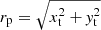 Mathematical equation: $ r_{\mathrm{p}} = \sqrt{x_{\mathrm{t}}^2+\mathit{y}_{\mathrm{t}}^2} $