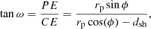 Mathematical equation: $$ \begin{aligned} \tan \omega = \frac{PE}{CE} = \frac{r_{\rm p}\sin \phi }{r_{\rm p} \cos (\phi ) - d_{\rm sh}}, \end{aligned} $$