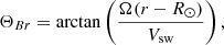 Mathematical equation: $$ \begin{aligned} \Theta _{Br} = \arctan \left(\frac{\Omega (r - R_\odot )}{V_{\rm sw}}\right), \end{aligned} $$
