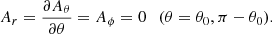 $$ \begin{aligned}&A_r = \frac{\partial A_\theta }{\partial \theta } = A_\phi = 0\ \ \ (\theta =\theta _0,\pi -\theta _0). \end{aligned} $$
