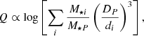 $$ \begin{aligned} Q \propto \log \left[\sum _{i}\frac{M_{\star i}}{M_{\star P}}\left(\frac{D_{P}}{d_{i}}\right)^{3}\right], \end{aligned} $$