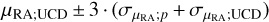 ${\mu _{{\rm{RA;UCD}}}} \pm 3 \cdot \left( {{\sigma _{{\mu _{{\rm{RA}}}};p}} + {\sigma _{{\mu _{{\rm{RA}}}};{\rm{USD}}}}} \right)$