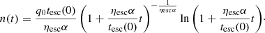 $$ \begin{aligned} n(t) = \frac{q_0{t_{\rm esc}}(0)}{{\eta _{\rm esc}}\alpha } \left(1+\frac{{\eta _{\rm esc}}\alpha }{{t_{\rm esc}}(0)}t\right)^{-\frac{1}{{\eta _{\rm esc}}\alpha }} \ln {\left(1+\frac{{\eta _{\rm esc}}\alpha }{{t_{\rm esc}}(0)}t\right)}\cdot \end{aligned} $$