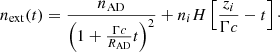 $$ \begin{aligned} n_{\rm ext}(t) = \frac{n_{\rm AD}}{\left(1+\frac{\Gamma c}{R_{\rm AD}}t\right)^2} + n_i H\left[{\frac{z_i}{\Gamma c}-t}\right]\cdot \end{aligned} $$