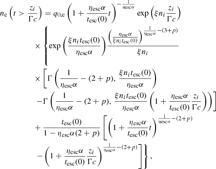 $$ \begin{aligned}&n_{\rm e}\left(t > \frac{z_i}{\Gamma c}\right) = q_{\rm 0,e}\left(1+\frac{{\eta _{\rm esc}}\alpha }{{t_{\rm esc}}(0)}t\right)^{-\frac{1}{{\eta _{\rm esc}}\alpha }} \exp {\left(\xi n_i \frac{z_i}{\Gamma c}\right)}\nonumber \\&\qquad \qquad \quad \,\times \left\{ \exp {\left(\frac{\xi n_i {t_{\rm esc}}(0)}{{\eta _{\rm esc}}\alpha }\right)} \frac{\left(\frac{{\eta _{\rm esc}}\alpha }{\xi n_i {t_{\rm esc}}(0)}\right)^{\frac{1}{{\eta _{\rm esc}}\alpha }-(3+p)}}{\xi n_i} \right.\nonumber \\&\qquad \qquad \quad \,\times \left[\Gamma \left(\frac{1}{{\eta _{\rm esc}}\alpha }-(2+p),\, \frac{\xi n_i {t_{\rm esc}}(0)}{{\eta _{\rm esc}}\alpha }\right)\right. \nonumber \\&\qquad \qquad \quad \,\,\left. - \Gamma \left(\frac{1}{{\eta _{\rm esc}}\alpha }-(2+p),\, \frac{\xi n_i {t_{\rm esc}}(0)}{{\eta _{\rm esc}}\alpha }\left(1+\frac{{\eta _{\rm esc}}\alpha }{{t_{\rm esc}}(0)}\frac{z_i}{\Gamma c}\right)\right)\right]\nonumber \\&\qquad \qquad \quad \,+ \frac{{t_{\rm esc}}(0)}{1-{\eta _{\rm esc}}\alpha (2+p)} \left[\left(1+\frac{{\eta _{\rm esc}}\alpha }{{t_{\rm esc}}(0)}t\right)^{\frac{1}{{\eta _{\rm esc}}\alpha }-(2+p)}\right.\nonumber \\&\qquad \qquad \quad \ \left.\left. - \left(1+\frac{{\eta _{\rm esc}}\alpha }{{t_{\rm esc}}(0)} \frac{z_i}{\Gamma c}\right)^{\frac{1}{{\eta _{\rm esc}}\alpha }-(2+p)}\right]\right\} , \end{aligned} $$