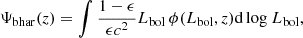 $$ \begin{aligned} \Psi _{\rm bhar}(z) = \int \frac{1-\epsilon }{\epsilon c^2} L_{\rm bol} \, \phi (L_{\rm bol},z) \mathrm{d} \, \mathrm{log} \ L_{\rm bol}, \end{aligned} $$