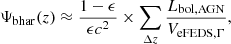 $$ \begin{aligned} \Psi _{\rm bhar}(z) \approx \frac{1-\epsilon }{\epsilon c^2} \times \sum _{\Delta z} \frac{L_{\rm bol,AGN}}{V_{\rm eFEDS, \Gamma }}, \end{aligned} $$