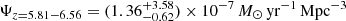 $ \Psi_{z=5.81-6.56}=(1.36^{+3.58}_{-0.62}) \times 10^{-7}\,M_\odot\,\mathrm{yr}^{-1}\,\mathrm{Mpc}^{-3} $