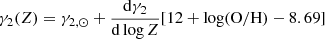 $$ \begin{aligned} \gamma _2(Z) = \gamma _{2,\odot } + \dfrac{\mathrm{d}\gamma _2}{\mathrm{d}\log Z}[12+\log (\mathrm{O/H} )-8.69]\, \end{aligned} $$