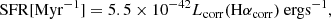 $$ \begin{aligned} { \mathrm{SFR} [\mathrm{M yr}^{-1}]} = 5.5 \times 10^{-42} L_{\rm corr} (\mathrm{H}\alpha _{\rm corr}) \ \mathrm{erg s^{-1}} ,\end{aligned} $$