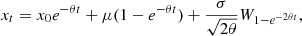 $$ \begin{aligned} x_t = x_0 e^{-\theta t} + \mu (1-e^{-\theta t}) + \dfrac{\sigma }{\sqrt{2\theta }}W_{1-e^{-2 \theta t}}, \end{aligned} $$