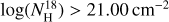 Mathematical equation: $\log \left( {N_{\rm{H}}^{18}} \right) > 21.00\,{\rm{c}}{{\rm{m}}^{ - 2}}$