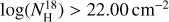 Mathematical equation: $\log \left( {N_{\rm{H}}^{18}} \right) > 22.00\,{\rm{c}}{{\rm{m}}^{ - 2}}$