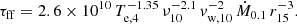 Mathematical equation: $$ \begin{aligned} \tau _{\rm ff}=2.6\times 10^{10}\,T_{\mathrm{e},4}^{-1.35}\,\nu _{10}^{-2.1}\,{ v}_{\mathrm{w},10}^{-2}\,\dot{M}_{0.1}\,r_{15}^{-3}. \end{aligned} $$