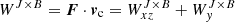 Mathematical equation: $ W^{J \times B} = {\boldsymbol{F}} \cdot {{\boldsymbol{v}}_{\mathrm{c}}} = W_{xz}^{J \times B} + W_{y}^{J \times B} $