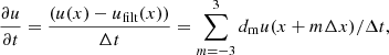 Mathematical equation: $$ \begin{aligned} \frac{\partial u}{\partial t} = \frac{(u(x)-u_{\rm filt}(x))}{\Delta t} = \sum _{m=-3}^3d_{\rm m} u(x+m\Delta x)/\Delta t, \end{aligned} $$