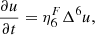 Mathematical equation: $$ \begin{aligned} \frac{\partial u}{\partial t} = \eta ^F_6\Delta ^6 u, \end{aligned} $$