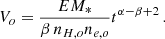 Mathematical equation: $$ \begin{aligned} V_o = {EM_* \over \beta \, n_{H,o} n_{e,o} } t^{\alpha -\beta + 2}\, . \end{aligned} $$
