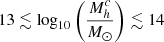 Mathematical equation: $ 13 \lesssim \log_{10} \bigg(\frac{M^c_h}{M_{\odot}}\bigg) \lesssim 14 $