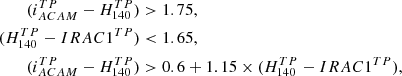 Mathematical equation: $$ \begin{aligned} (i^{TP}_{ACAM}-H^{TP}_{140})&> 1.75, \\ (H^{TP}_{140}-IRAC1^{TP})&< 1.65, \\ (i^{TP}_{ACAM} - H^{TP}_{140})&> 0.6+1.15\times (H^{TP}_{140}-IRAC1^{TP}), \end{aligned} $$