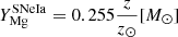 Mathematical equation: $$ \begin{aligned} Y_{\rm Mg}^\mathrm{SNeIa}=0.255\frac{z}{z_{\odot }}[M_{\odot }] \end{aligned} $$