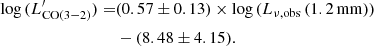 Mathematical equation: $$ \begin{aligned} \log {(L^\prime _{\rm CO(3{-}2)})} =&(0.57 \pm 0.13) \times \log {(L_{\nu ,\mathrm{obs}}\,(1.2\,\mathrm{mm}))}\nonumber \\&-(8.48 \pm 4.15). \end{aligned} $$