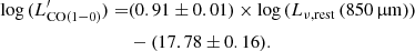 Mathematical equation: $$ \begin{aligned} \log {(L^\prime _{\rm CO(1{-}0)})} =&(0.91 \pm 0.01) \times \log {(L_{\nu ,\mathrm{rest}}\,(850\,\upmu \mathrm{m}))}\nonumber \\&- (17.78 \pm 0.16). \end{aligned} $$
