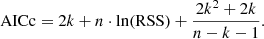 Mathematical equation: $$ \begin{aligned} \mathrm{AICc} = 2k + n \cdot \mathrm{ln} (\mathrm{RSS} )+\frac{2k^2+2k}{n-k-1}. \end{aligned} $$