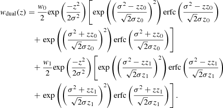Mathematical equation: $$ \begin{aligned} { w}_{\mathrm{dual} }(z)&= \frac{{ w}_0}{2}\mathrm{exp} \left(\frac{{-z}^2}{2\sigma ^2}\right) \left[\mathrm{exp} \left(\left( {\frac{\sigma ^2 - z z_0}{\sqrt{2}\sigma z_0}}\right)^2\right) \mathrm{erfc} \left( {\frac{\sigma ^2 - z z_0}{\sqrt{2}\sigma z_0}} \right)\right.\nonumber \\&\quad +\left. \mathrm{exp} \left( \left({\frac{\sigma ^2 + z z_0}{\sqrt{2}\sigma z_0}} \right)^2\right) \mathrm{erfc} \left( {\frac{\sigma ^2 + z z_0}{\sqrt{2}\sigma z_0}} \right) \right]\nonumber \\&\quad + \frac{{ w}_1}{2}\mathrm{exp} \left(\frac{{-z}^2}{2\sigma ^2}\right) \left[\mathrm{exp} \left(\left( {\frac{\sigma ^2 - z z_1}{\sqrt{2}\sigma z_1}}\right)^2\right) \mathrm{erfc} \left( {\frac{\sigma ^2 - z z_1}{\sqrt{2}\sigma z_1}} \right) \right. \nonumber \\&\quad + \left. \mathrm{exp} \left(\left( {\frac{\sigma ^2 + z z_1}{\sqrt{2}\sigma z_1}} \right)^2\right) \mathrm{erfc} \left( {\frac{\sigma ^2 + z z_1}{\sqrt{2}\sigma z_1}} \right) \right]. \end{aligned} $$