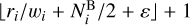 Mathematical equation: $\left\lfloor {{{{r_i}} \mathord{\left/ {\vphantom {{{r_i}} {{w_i}}}} \right. \kern-\nulldelimiterspace} {{w_i}}} + {{N_i^{\rm{B}}} \mathord{\left/ {\vphantom {{N_i^{\rm{B}}} 2}} \right. \kern-\nulldelimiterspace} 2} + \varepsilon } \right\rfloor $