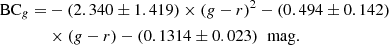 Mathematical equation: $$ \begin{aligned} \mathrm{BC}_{g} =&-(2.340 \pm 1.419) \times (g-r)^2 - (0.494 \pm 0.142) \\&\times (g-r) - (0.1314 \pm 0.023)\;\;\mathrm{mag}. \end{aligned} $$