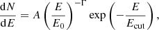 Mathematical equation: $$ \begin{aligned} \frac{\mathrm{d}N}{\mathrm{d}E} = A \left(\frac{E}{E_0}\right)^{-\Gamma } \exp \left(-\frac{E}{E_{\mathrm{cut}}}\right), \end{aligned} $$