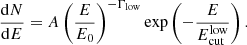 Mathematical equation: $$ \begin{aligned} \frac{\mathrm{d}N}{\mathrm{d}E} = A \left(\frac{E}{E_0}\right)^{-\Gamma _{\rm low}} \exp \left(-\frac{E}{E_{\rm cut}^\mathrm{low}}\right). \end{aligned} $$