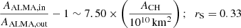 Mathematical equation: $$ \begin{aligned}&\frac{A_{\rm ALMA,in}}{A_{\rm ALMA,out}}-1 \sim 7.50 \times \left(\frac{A_{\rm CH}}{10^{10}\,\mathrm{km}^2}\right);\;\; r_{\rm S} = 0.33 \end{aligned} $$