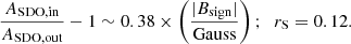 Mathematical equation: $$ \begin{aligned}&\frac{A_{\rm SDO,in}}{A_{\rm SDO,out}}-1 \sim 0.38 \times \left(\frac{|B_{\rm sign}|}{\mathrm{Gauss} }\right);\;\; r_{\rm S} = 0.12. \end{aligned} $$