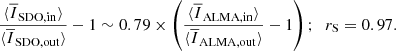 Mathematical equation: $$ \begin{aligned} \frac{\langle \overline{I}_{\mathrm{SDO, in} }\rangle }{\langle \overline{I}_{\mathrm{SDO, out} }\rangle }-1 \sim 0.79 \times \left(\frac{\langle \overline{I}_{\mathrm{ALMA, in} }\rangle }{\langle \overline{I}_{\mathrm{ALMA, out} }\rangle }-1\right);\;\; r_{\rm S} = 0.97. \end{aligned} $$