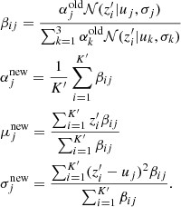 Mathematical equation: $$ \begin{aligned}&\beta _{ij} =\frac{\alpha _j^\mathrm{old}\mathcal{N} (z_i^{\prime }|u_j,\sigma _j)}{\sum _{k=1}^{3}\alpha _{k}^\mathrm{old}\mathcal{N} (z_i^{\prime }|u_k,\sigma _k)}\nonumber \\&\alpha _j^\mathrm{new} = \frac{1}{K^{\prime }}\sum _{i=1}^{K^{\prime }}{\beta _{ij}} \nonumber \\&\mu _j^\mathrm{new} = \frac{\sum _{i=1}^{K^{\prime }}{z_i^{\prime }\beta _{ij}}}{\sum _{i=1}^{K^{\prime }}{\beta _{ij}}} \\&\sigma _{j}^\mathrm{new} = \frac{\sum _{i=1}^{K^{\prime }}(z_i^{\prime }-u_j)^2\beta _{ij}}{\sum _{i=1}^{K^{\prime }}{\beta _{ij}}}\nonumber . \end{aligned} $$