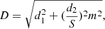 Mathematical equation: $$ \begin{aligned} D = \sqrt{d_1^2 + (\frac{d_2}{S})^2m^2}, \end{aligned} $$