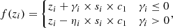 Mathematical equation: $$ \begin{aligned} \begin{aligned} f(z_i) = \left\{ \begin{matrix} z_i + \gamma _i \times s_i \times c_1&\gamma _i \le 0\\ z_i - \eta _i \times s_i \times c_1&\gamma _i > 0 \end{matrix}\right. \end{aligned}, \end{aligned} $$