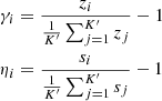 Mathematical equation: $$ \begin{aligned}&\gamma _i = \frac{z_i}{\frac{1}{K^{\prime }}\sum _{j=1}^{K^{\prime }}{z_j}} - 1\nonumber \\&\eta _i = \frac{s_i}{\frac{1}{K^{\prime }}\sum _{j=1}^{K^{\prime }}{s_j}} - 1 \end{aligned} $$