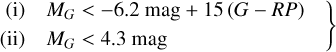 Mathematical equation: $\left. {\matrix{ {\left( {\rm{i}} \right)} \hfill &amp; {{M_G} < - 6.0\,{\rm{mag + 15}}\left( {G - RP} \right)} \hfill \cr {\left( {{\rm{ii}}} \right)} \hfill &amp; {{M_G} < 4.3\,{\rm{mag}}} \hfill \cr } } \right\}$