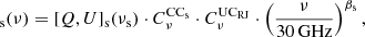 Mathematical equation: $$ \begin{aligned}[Q,U]_{\rm s}(\nu )=[Q,U]_{\rm s}(\nu _{\rm s}) \cdot C^\mathrm{CC_s}_{\nu } \cdot {C_{\nu }^{\mathrm{UC}_{\rm RJ}}} \cdot \left(\frac{\nu }{30\,\mathrm{GHz}}\right)^{\beta _{\rm s}}, \end{aligned} $$