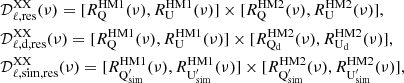 Mathematical equation: $$ \begin{aligned}&\mathcal{D} _{\ell , \mathrm {res}}^\mathrm{XX} (\nu ) = [R_{\rm Q}^\mathrm{HM1}(\nu ), R_{\rm U}^\mathrm{HM1}(\nu )] \times [R_{\rm Q}^\mathrm{HM2}(\nu ), R_{\rm U}^\mathrm{HM2}(\nu )],\nonumber \\&\mathcal{D} _{\ell , \mathrm d, \mathrm {res}}^\mathrm{XX} (\nu ) = [R_{\rm Q}^\mathrm{HM1}(\nu ), R_{\rm U}^\mathrm{HM1}(\nu )] \times [R_{\rm Q_d}^\mathrm{HM2}(\nu ), R_{\rm U_d}^\mathrm{HM2}(\nu )],\\&\mathcal{D} _{\ell , \mathrm {sim}, \mathrm {res}}^\mathrm{XX} (\nu ) = [R_{\rm Q^{\prime }_{\rm sim}}^\mathrm{HM1}(\nu ), R_{\rm U^{\prime }_{\rm sim}}^\mathrm{HM1}(\nu )] \times [R_{\rm Q^{\prime }_{\rm sim}}^\mathrm{HM2}(\nu ), R_{\rm U^{\prime }_{\rm sim}}^\mathrm{HM2}(\nu )],\nonumber \end{aligned} $$