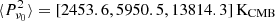 Mathematical equation: $ \langle P_{\nu_0}^2\rangle = [2453.6, 5950.5, 13814.3]\,{\rm K}_{\rm CMB} $