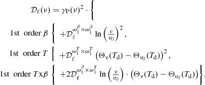 Mathematical equation: $$ \begin{aligned} \mathcal{D} _\ell (\nu )&= \gamma _{\rm P}(\nu )^2 \cdot \bigg \{ \nonumber \\ 1\mathrm{st}\ \text{ order}\ \beta \;&{\left\{ \begin{array}{ll} + \mathcal{D} _\ell ^{\omega ^{\beta }_1 \times \omega ^{\beta }_1} \ln \left(\frac{\nu }{\nu _0}\right)^2, \nonumber \\ \end{array}\right.} \\ 1\mathrm{st}\ \text{ order}\ T \;&{\left\{ \begin{array}{ll} + \mathcal{D} _\ell ^{\omega _1^T \times \omega _1^T}\left( \Theta _\nu (T_{\rm d})-\Theta _{\nu _0}(T_{\rm d})\right)^2, \end{array}\right.}\\ 1\mathrm{st}\ \text{ order}\ T\mathrm{x} \beta \;&{\left\{ \begin{array}{ll} + 2\mathcal{D} _\ell ^{\omega ^{\beta }_1 \times \omega _1^T}\ln {\left(\frac{\nu }{\nu _0}\right) \cdot \left(\Theta _\nu (T_{\rm d})-\Theta _{\nu _0}(T_{\rm d})\right)} \bigg \}. \nonumber \end{array}\right.}\nonumber \end{aligned} $$
