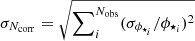 Mathematical equation: $ \sigma_{N_{\mathrm{corr}}}=\sqrt{\sum\nolimits_i^{N_{\mathrm{obs}}}(\sigma_{\phi_{\star_i}}/\phi_{\star_i})^2} $