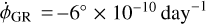 Mathematical equation: ${\dot \phi _{{\rm{GR}}}} = - 6^\circ \times {10^{ - 10}}\,{\rm{da}}{{\rm{y}}^{ - 1}}$